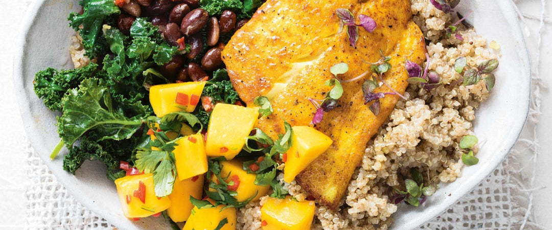 Mexican Bowl with Turmeric Fish and Spicy Mango Salsa