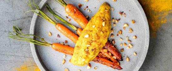 Turmeric, Macadamia and Lime Crumbed Snapper Over Roasted Carrots