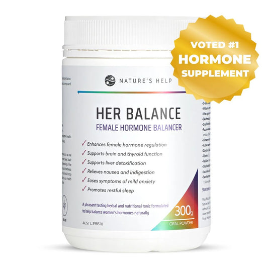 Nature's Help Her Balance female hormone balancer supplement bottle with a gold star badge on a white background