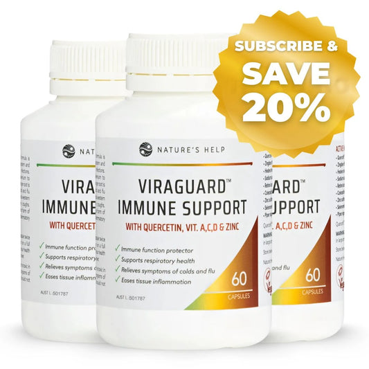 Two bottles of Viraguard Immune Support supplement with a 'Subscribe & Save 20%' offer on a white background.