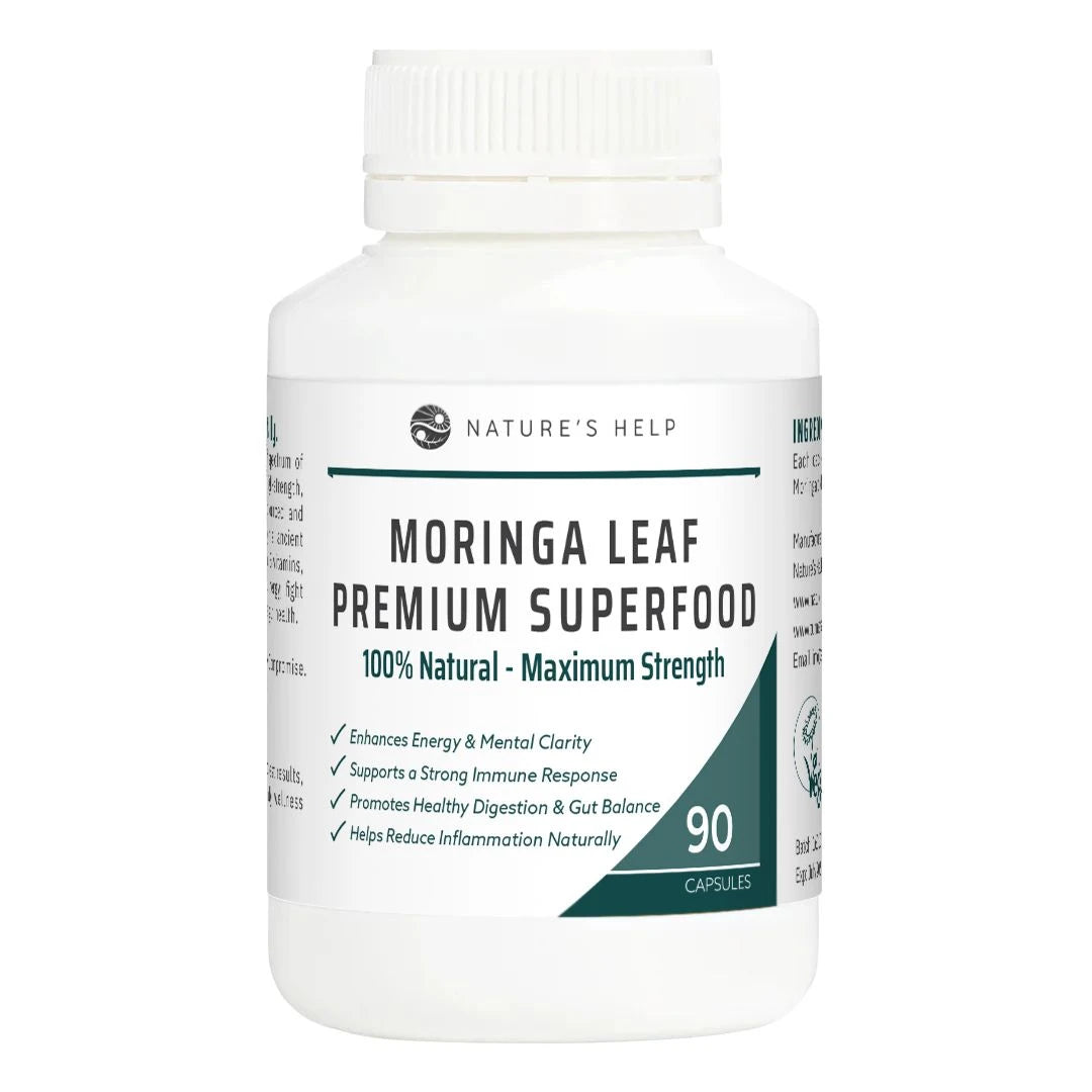 Nature's Help Moringa Leaf Premium Superfood supplement bottle on a white background