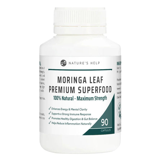 Nature's Help Moringa Leaf Premium Superfood supplement bottle on a white background