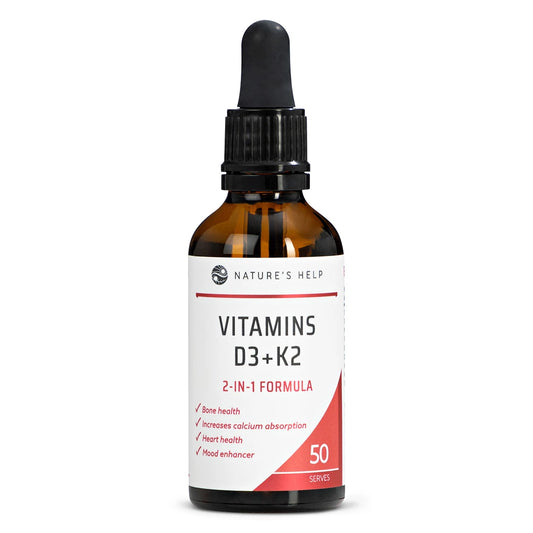 Bottle of Nature's Help Vitamins D3+K2 with dropper on a white background